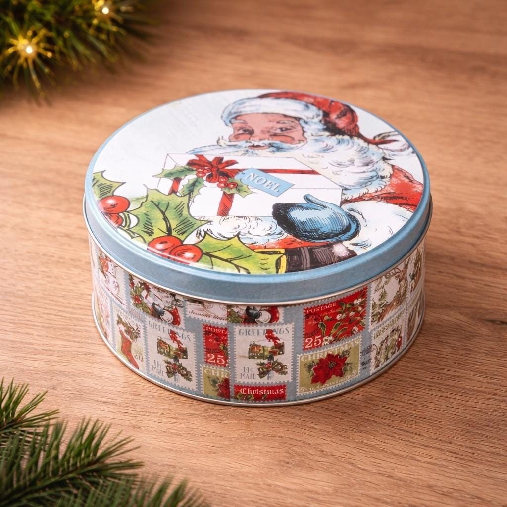 Santa Cookie Tin Vintage Christmas Metal Storage Holiday Decor