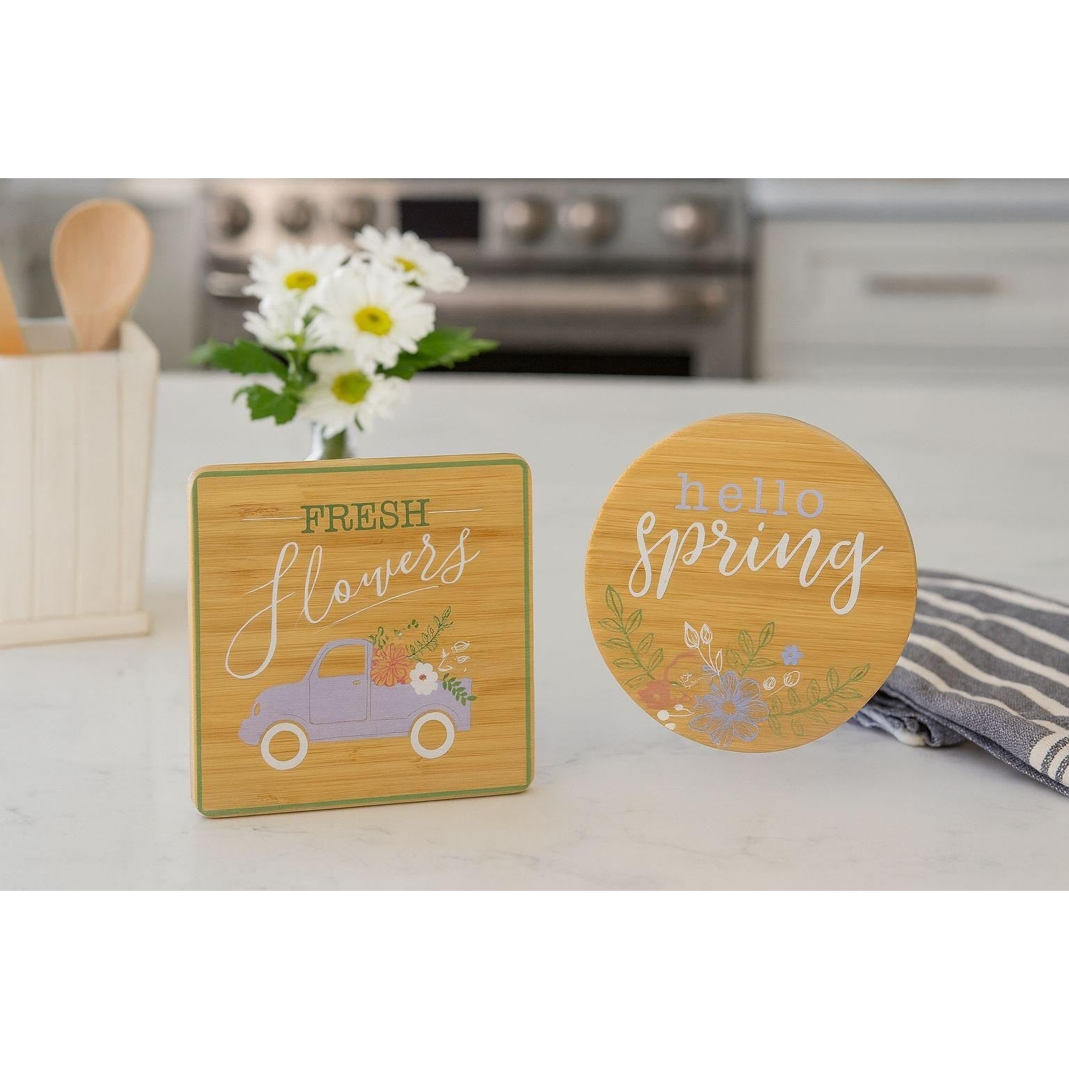 Vintage Bamboo Trivet Set Hello Spring Fresh Flowers Farmhouse Kitchen Decor