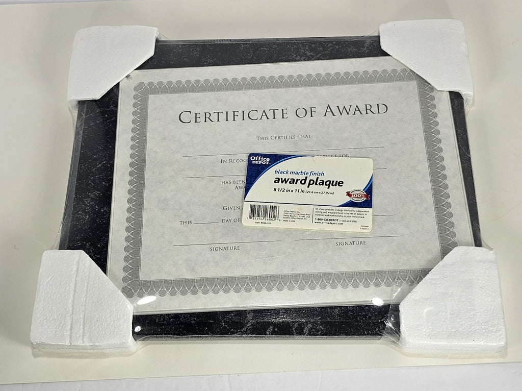 Office Depot Award Black Marble Finish Plaque 8.5in X 11in  Brand New