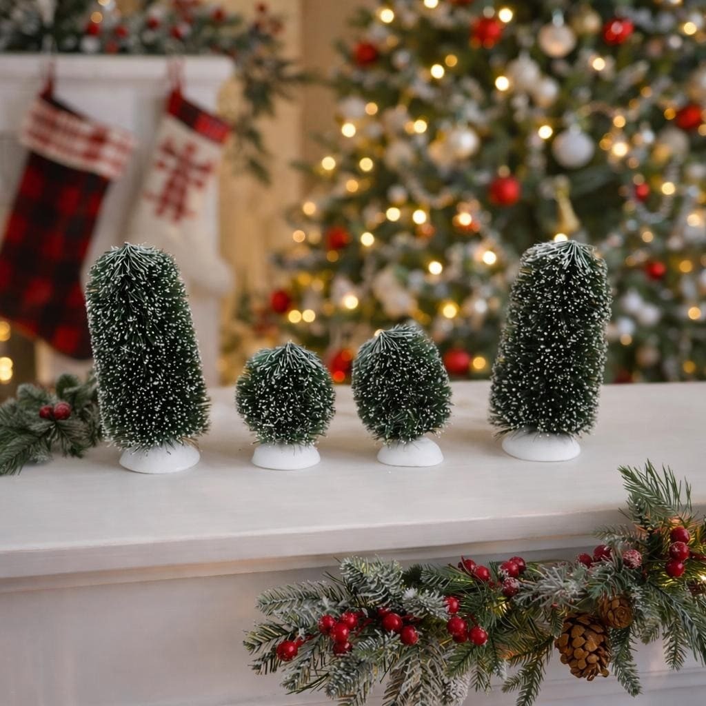 Vintage Dept 56 Frosted Bottle Brush Trees Set of 4 Holiday Decor