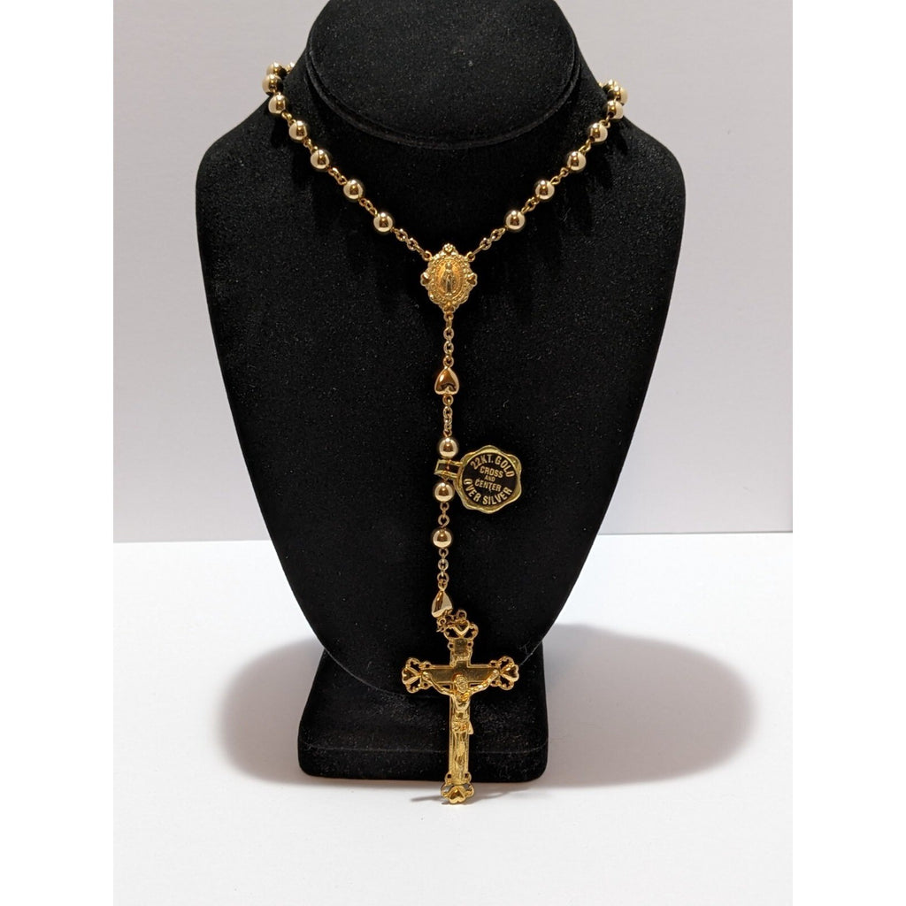 22kt Gold Cross Center Over Silver Rosary Necklace Miraculous Medal Religious