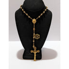 22kt Gold Cross Center Over Silver Rosary Necklace Miraculous Medal Religious