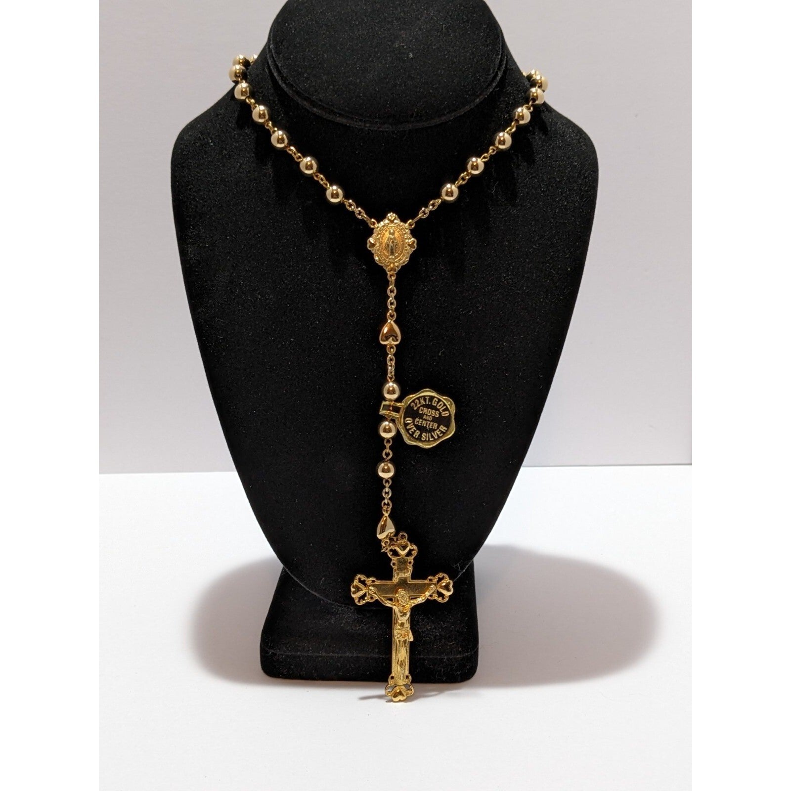 22kt Gold Cross Center Over Silver Rosary Necklace Miraculous Medal Religious