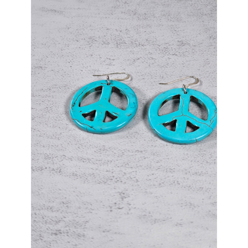Vintage Turquoise Peace Sign Dangle Earrings Boho Hippie Style