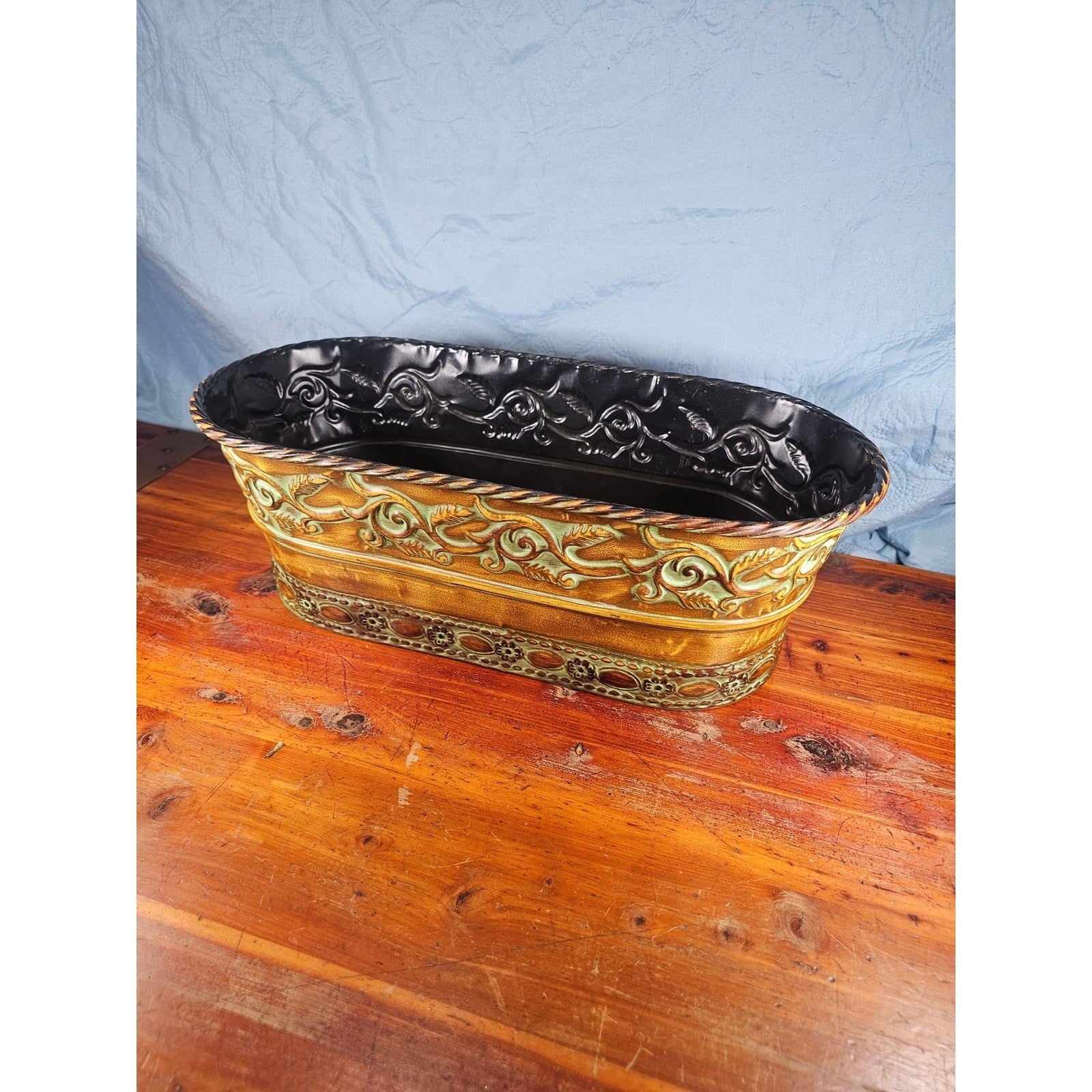 Vintage Embossed Oval Metal Planter Gold Verdigris Cachepot 18.5"