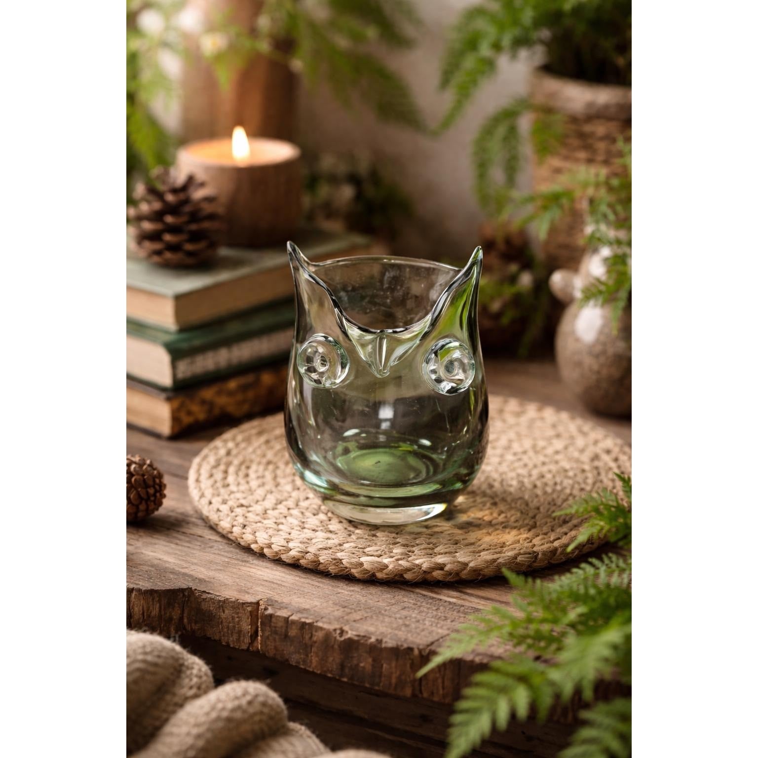 Vintage Hand Blown Glass Owl Vase Green Clear Art Glass