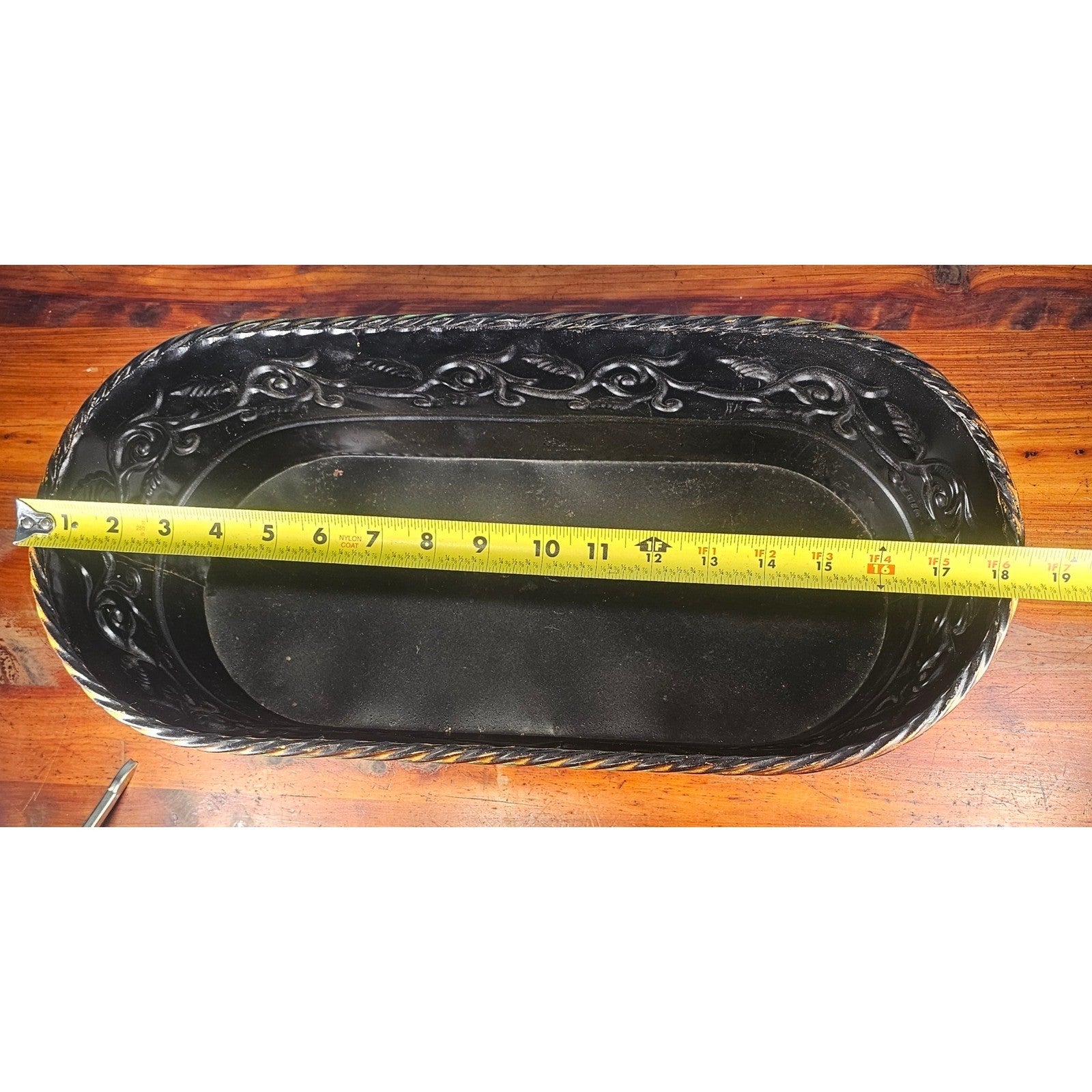 Vintage Embossed Oval Metal Planter Gold Verdigris Cachepot 18.5"