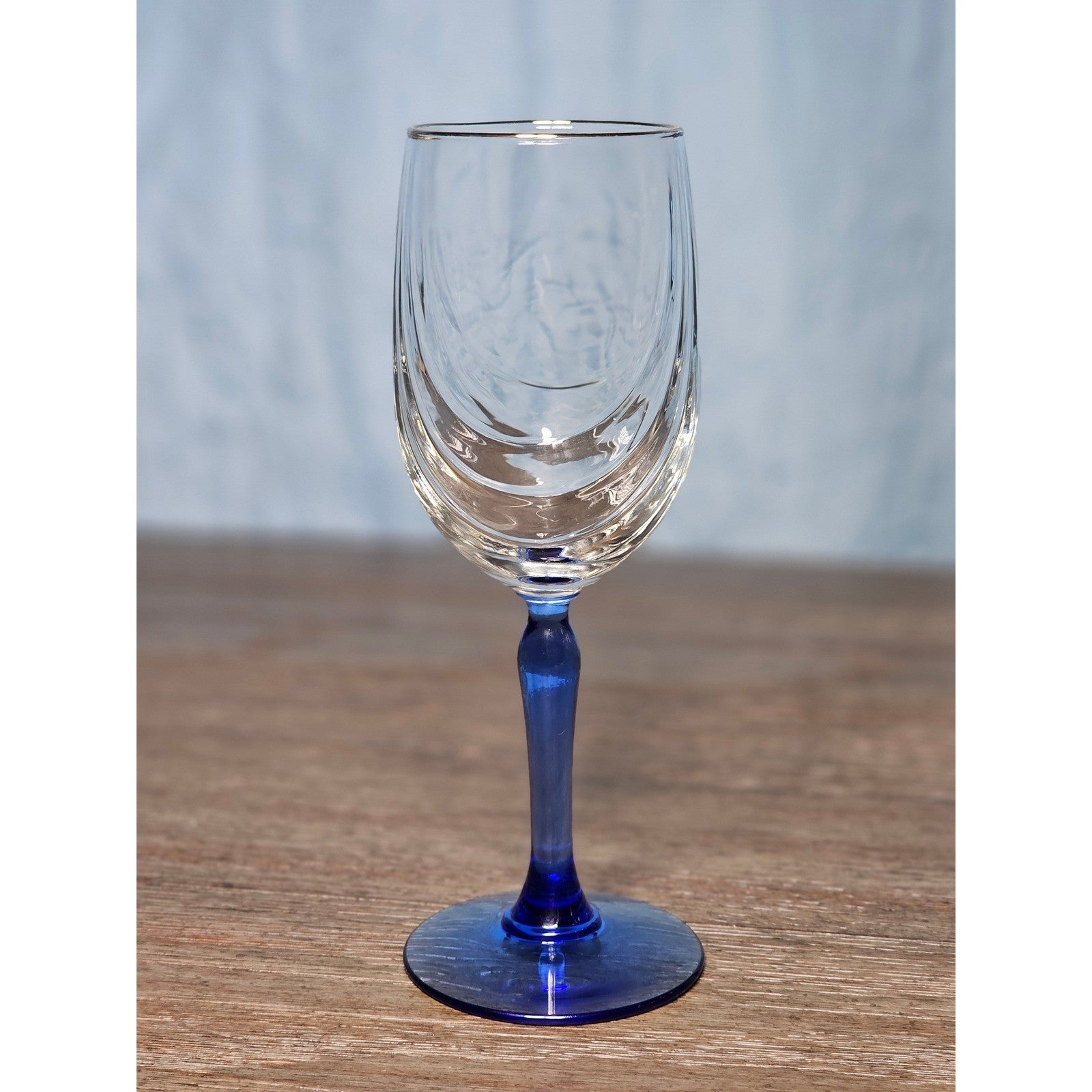 Vintage Blue Stem Wine Glass Clear Etched Bowl 8 Inch Goblet