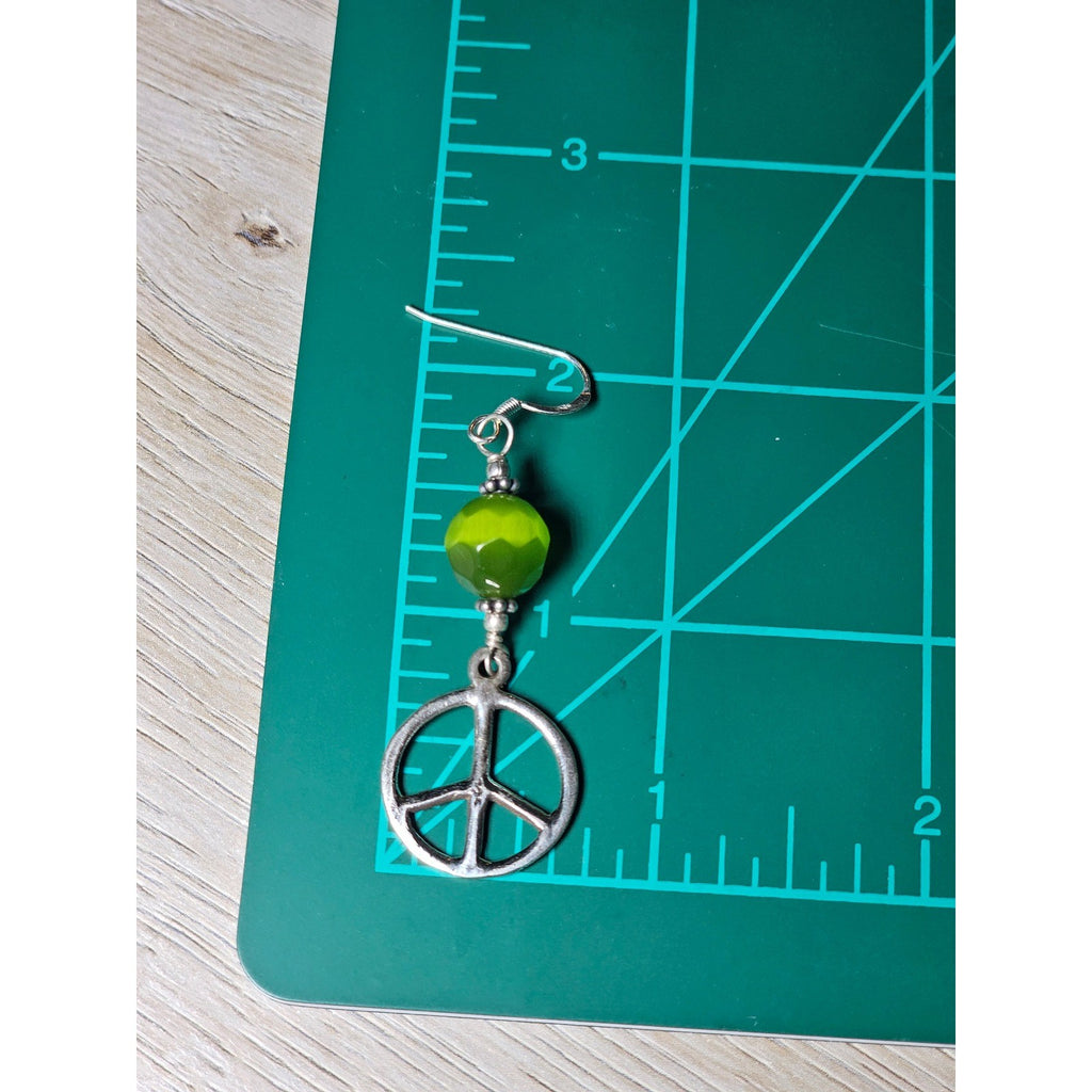 Vintage .925 Sterling Silver Peace Sign Dangle Earrings with Green Beads