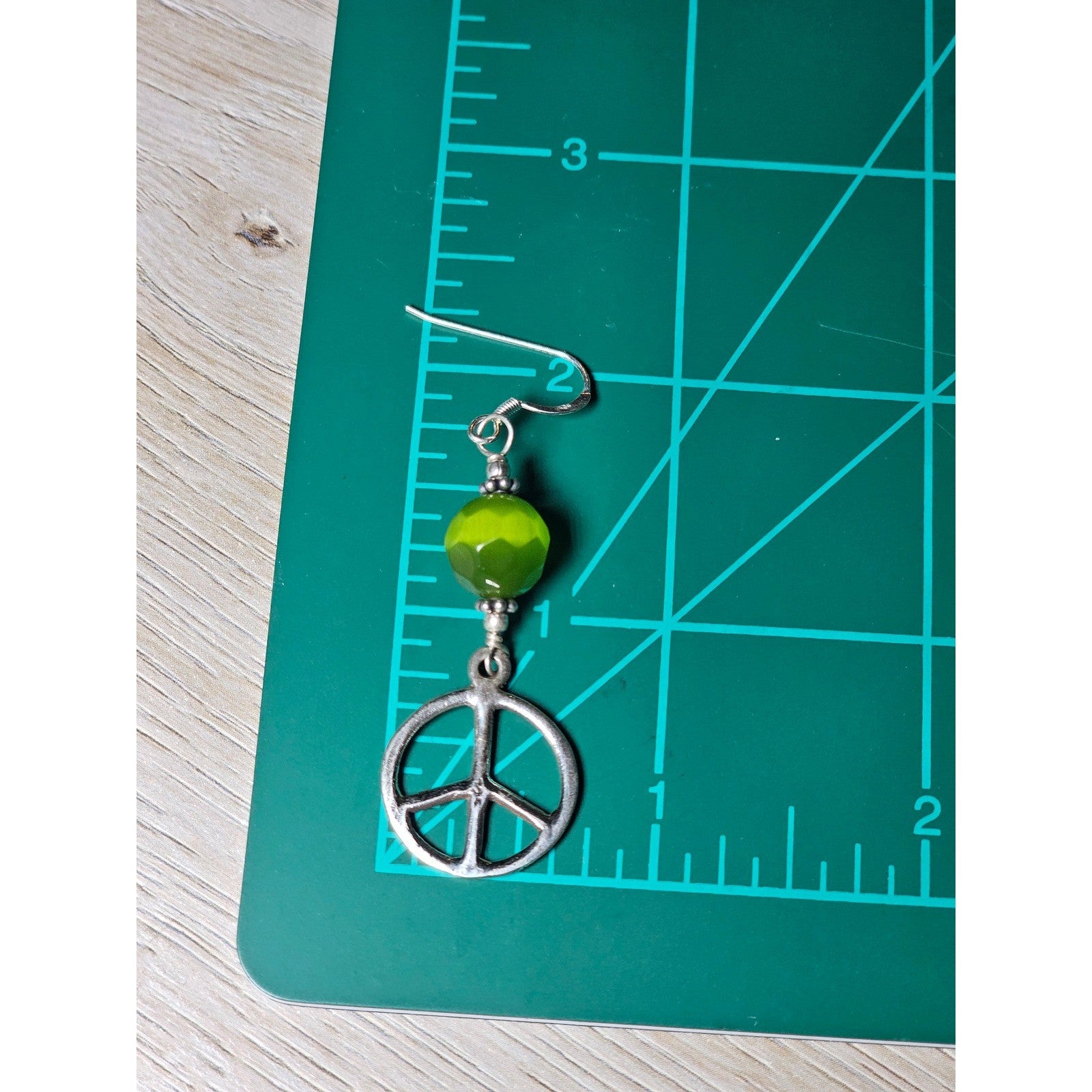 Vintage .925 Sterling Silver Peace Sign Dangle Earrings with Green Beads