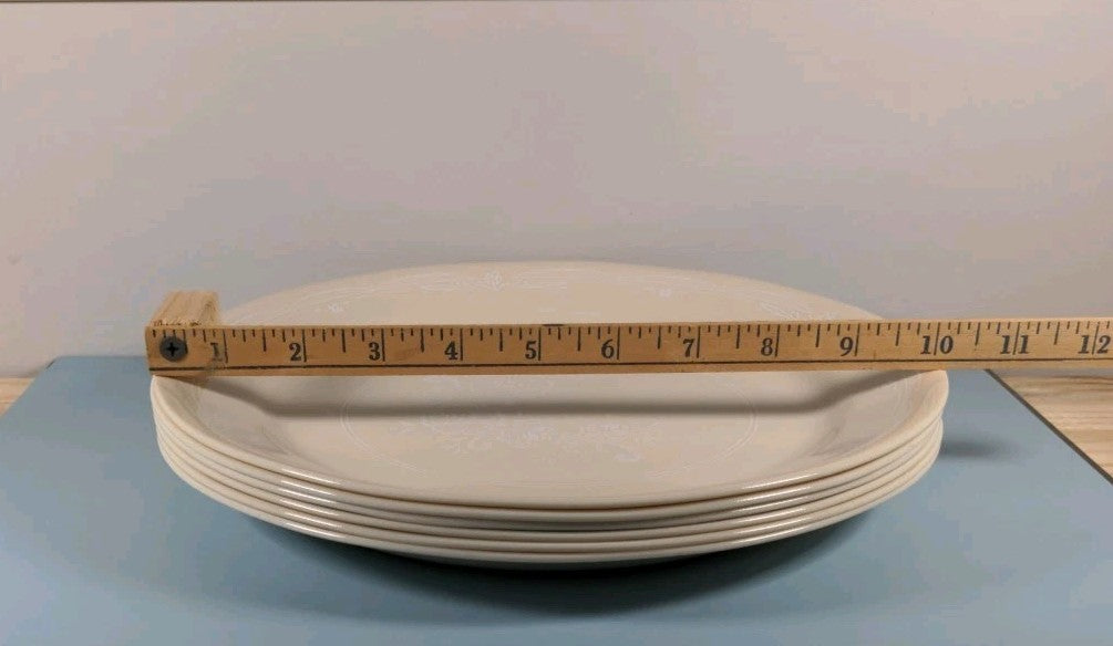 Vintage Corelle “Victorian Lace” Set of 6 Dinner Plates White‑on‑Beige Floral Pa