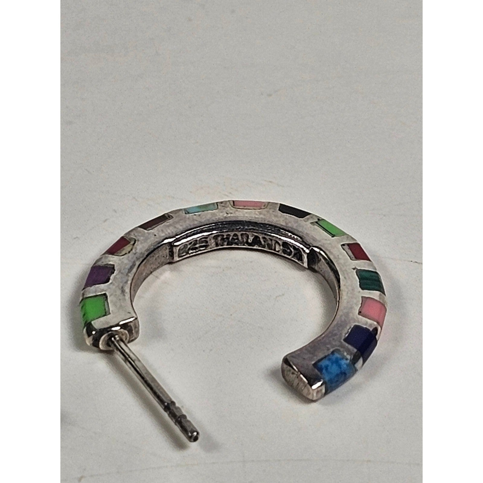 Vintage Sterling Silver Multicolor Inlay Hoop Earrings .925