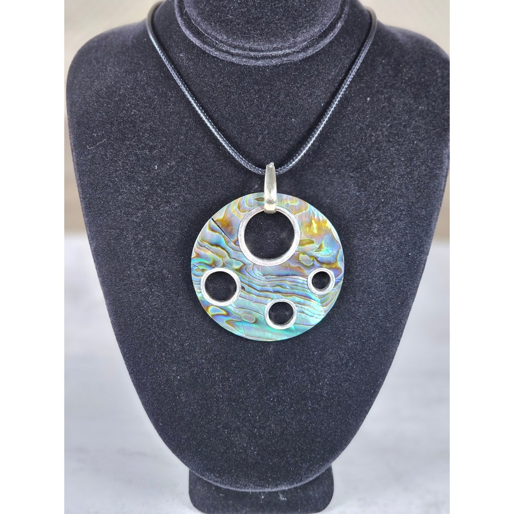Vintage Abalone Shell Circle Pendant Necklace Silver Tone
