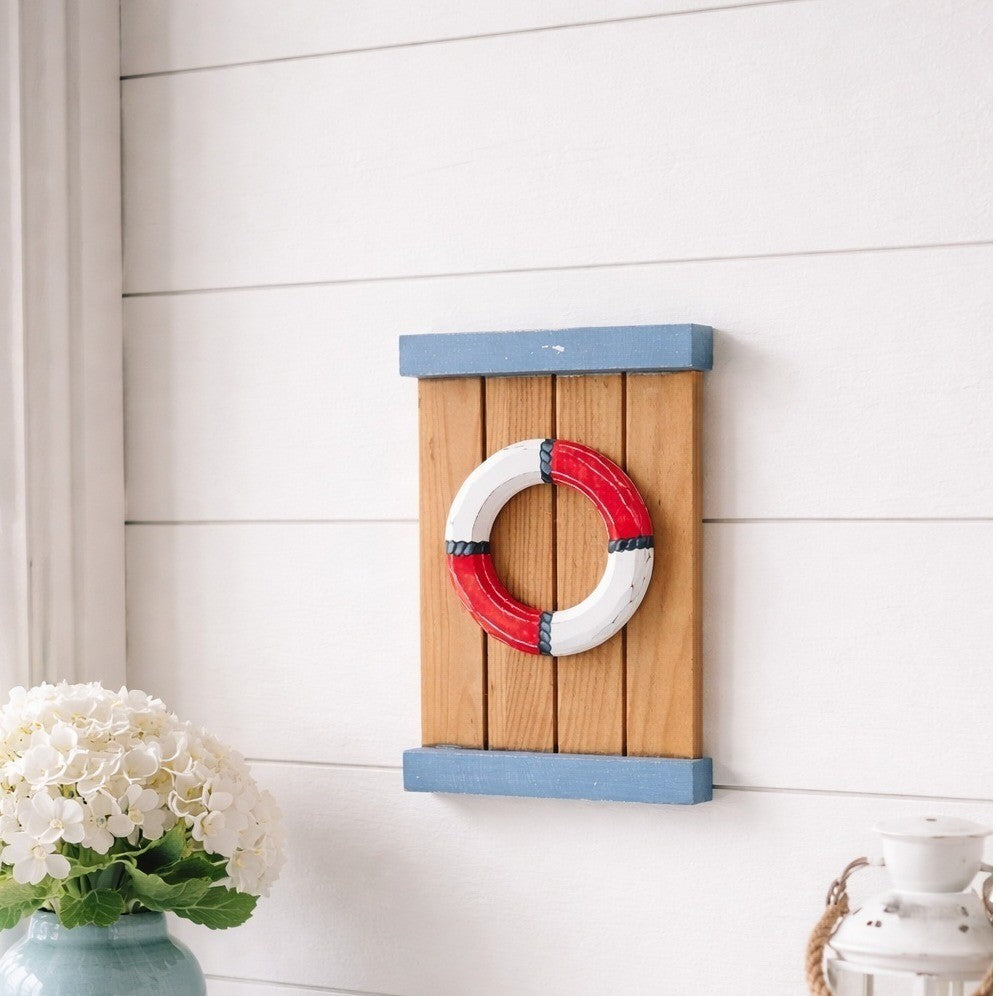 Vintage Nautical Wood Wall Decor with Life Preserver Coastal Wall Art