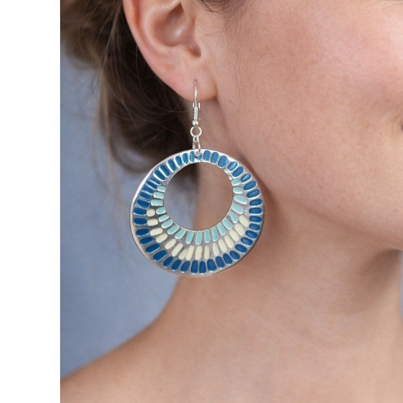 Vintage Blue & Silver Tone Textured Hoop Dangle Earrings
