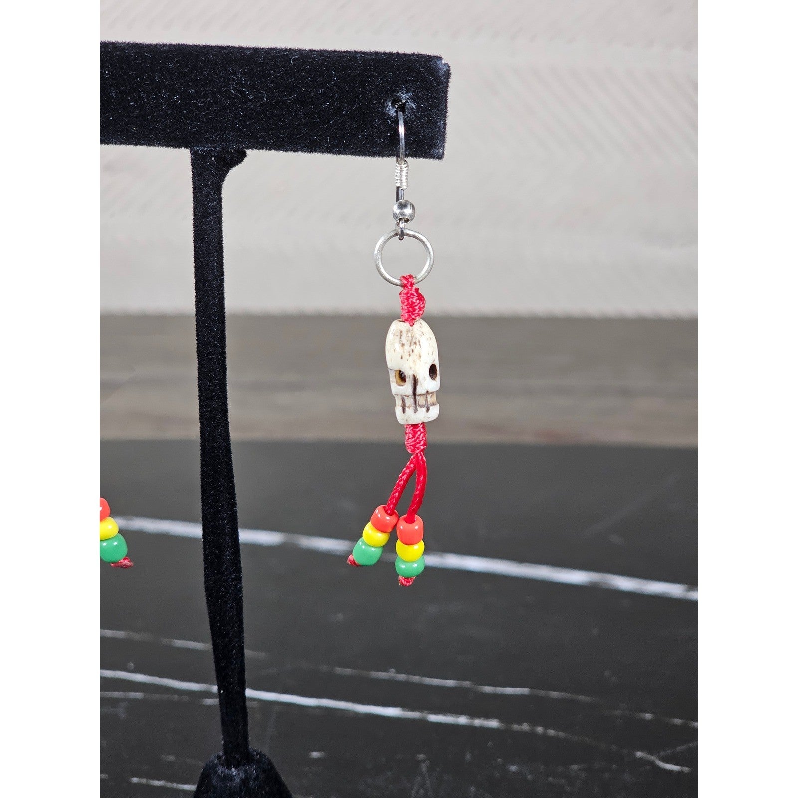 Vintage Skull Dangle Earrings Red Cord Beaded Boho Gothic