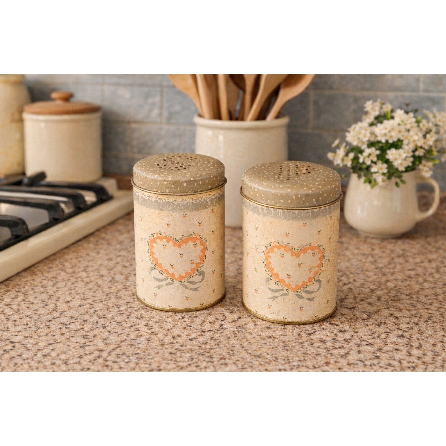 Vintage Tin Salt and Pepper Shaker Set Heart Motif Shabby Chic Kitchen Decor