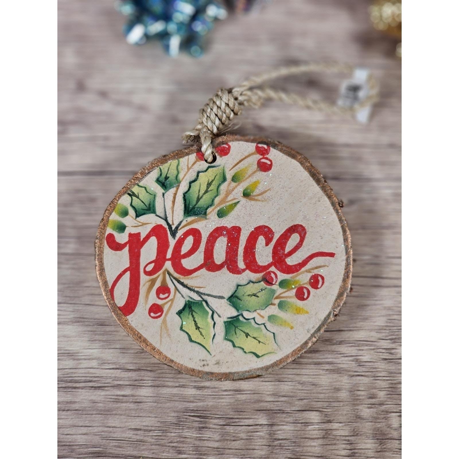 Rustic Wood Slice Ornament Peace Holly Berries Christmas Decor