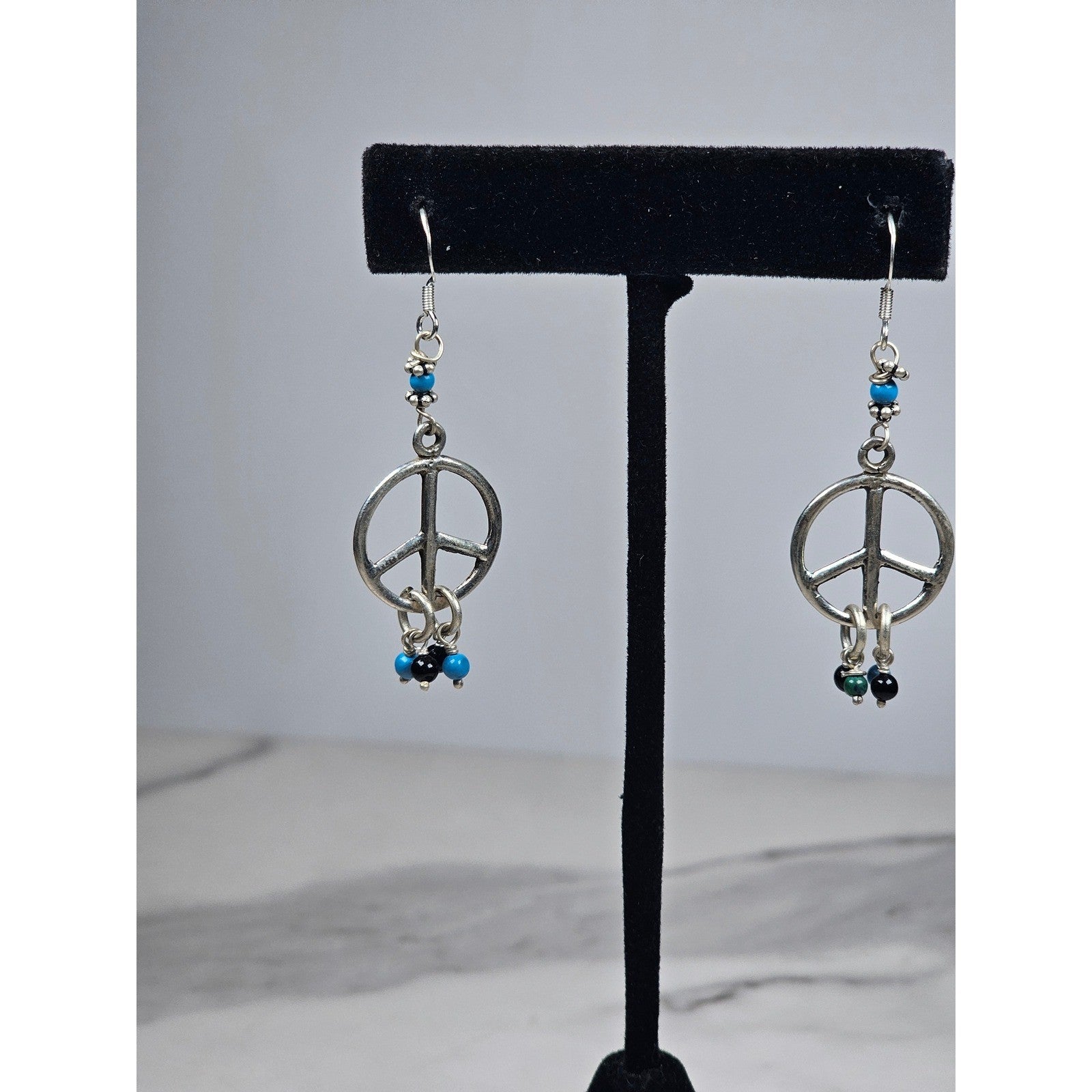 Vintage Sterling Silver Peace Sign Dangle Earrings 925 Beaded