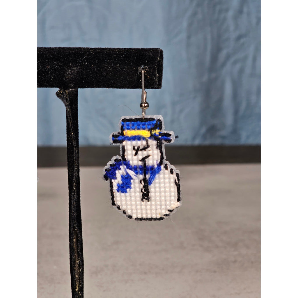 Vintage Handmade Snowman Earrings Blue Scarf Winter Holiday Dangle