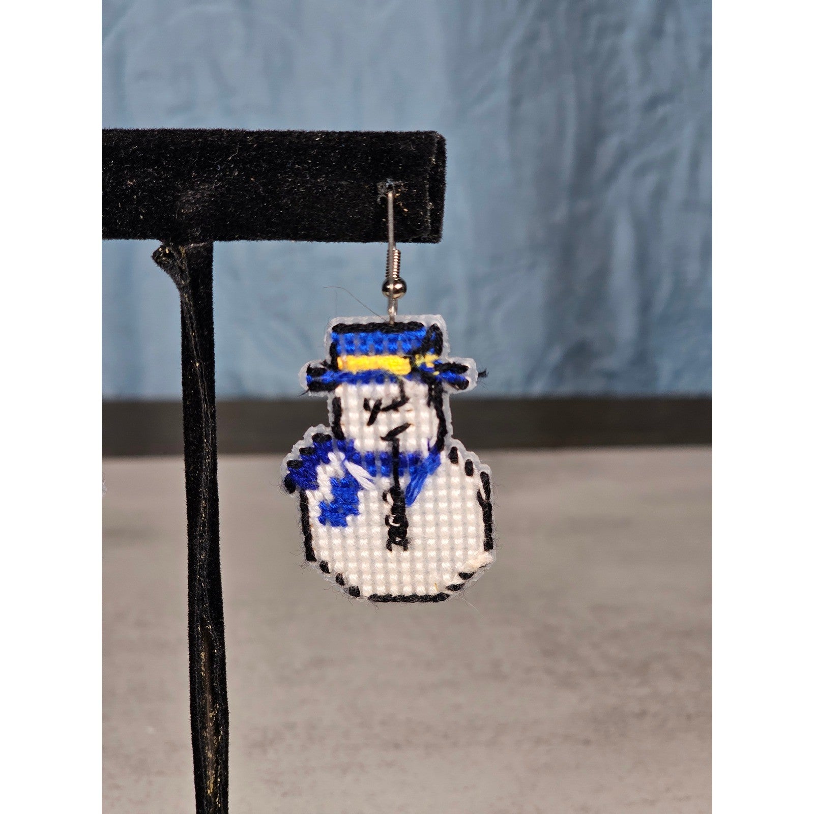 Vintage Handmade Snowman Earrings Blue Scarf Winter Holiday Dangle