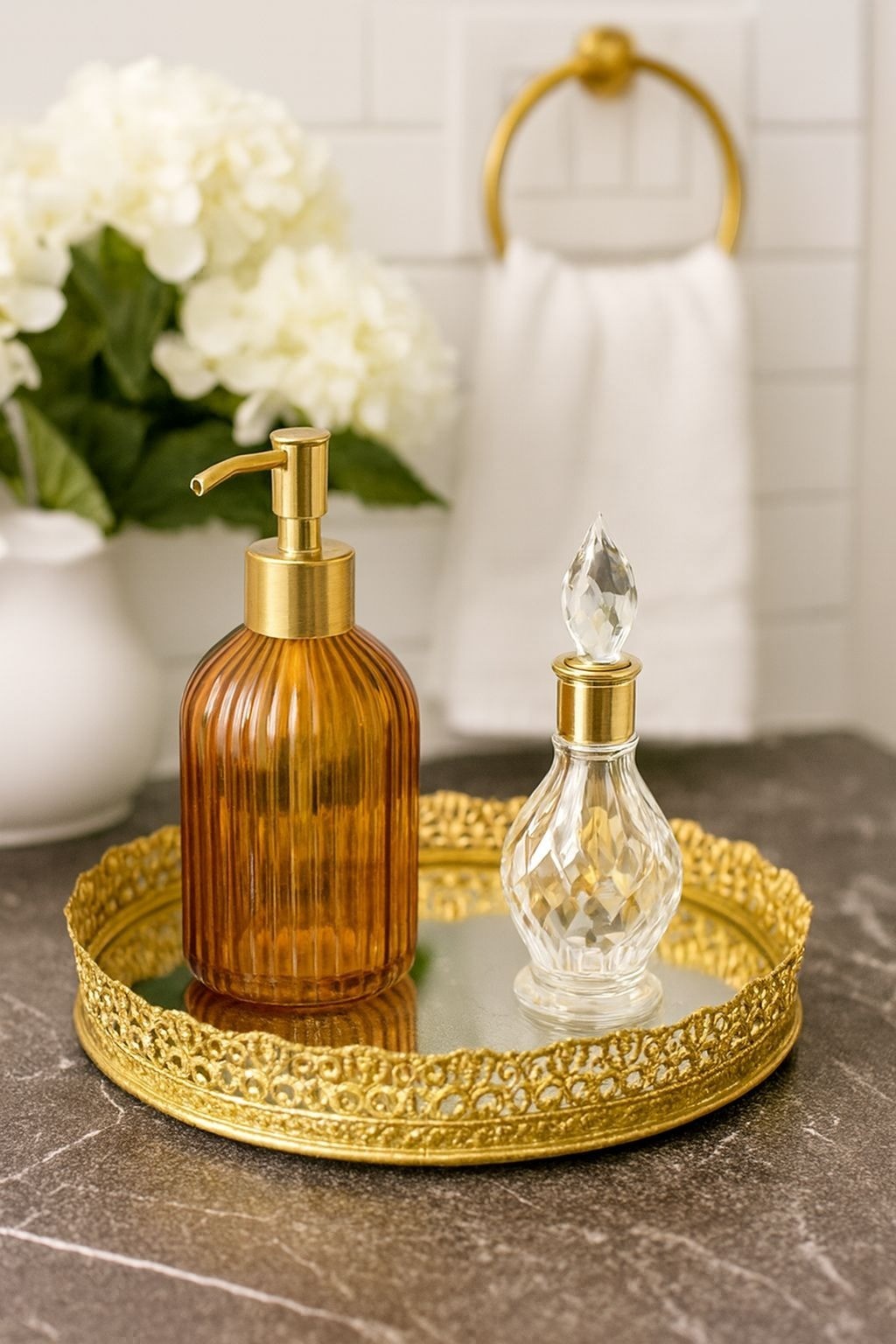 Vintage Oval Mirror Vanity Tray With Ornate Gold Filigree Design