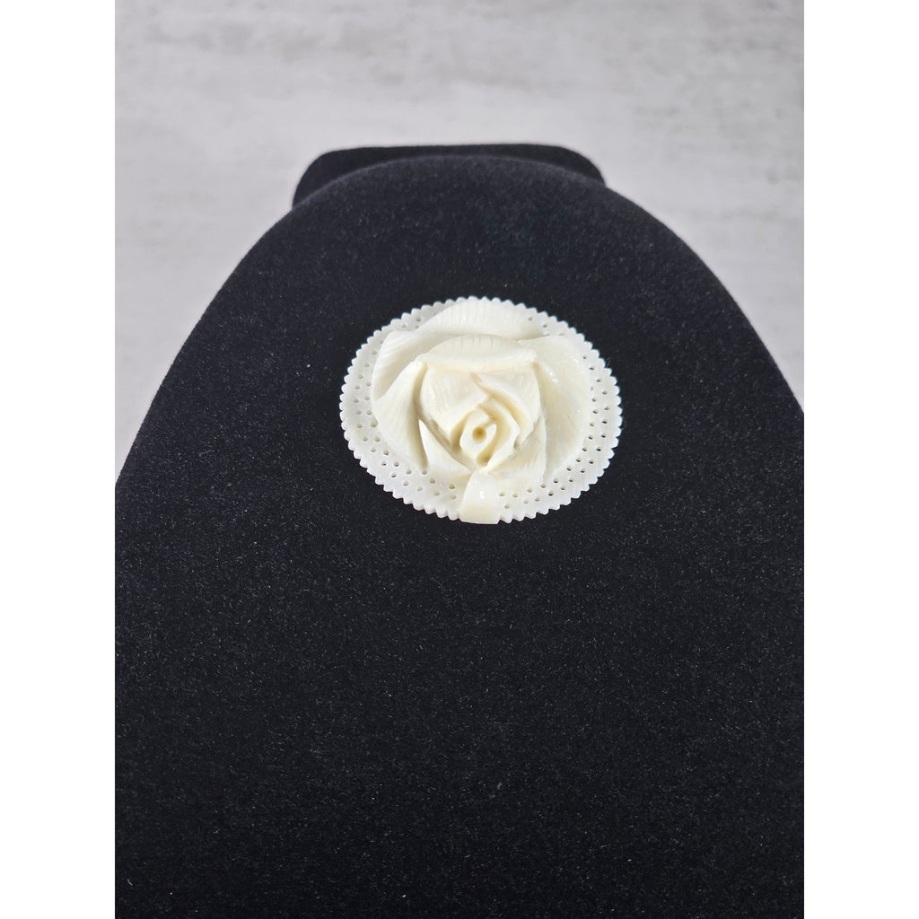 Vintage Carved Rose Pendant Round Floral Medallion Ivory Tone