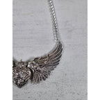 Vintage Winged Heart Rhinestone Necklace Silver Tone Statement