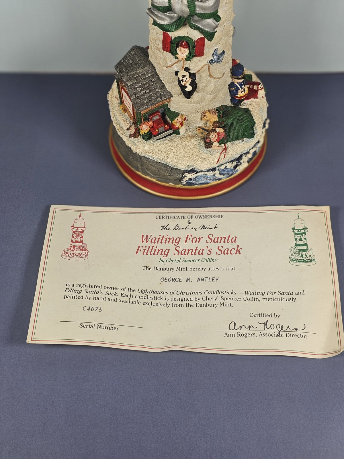 Danbury Cheryl Collin Lighthouse Xmas Candlestick Filling Santa Sack Waiting