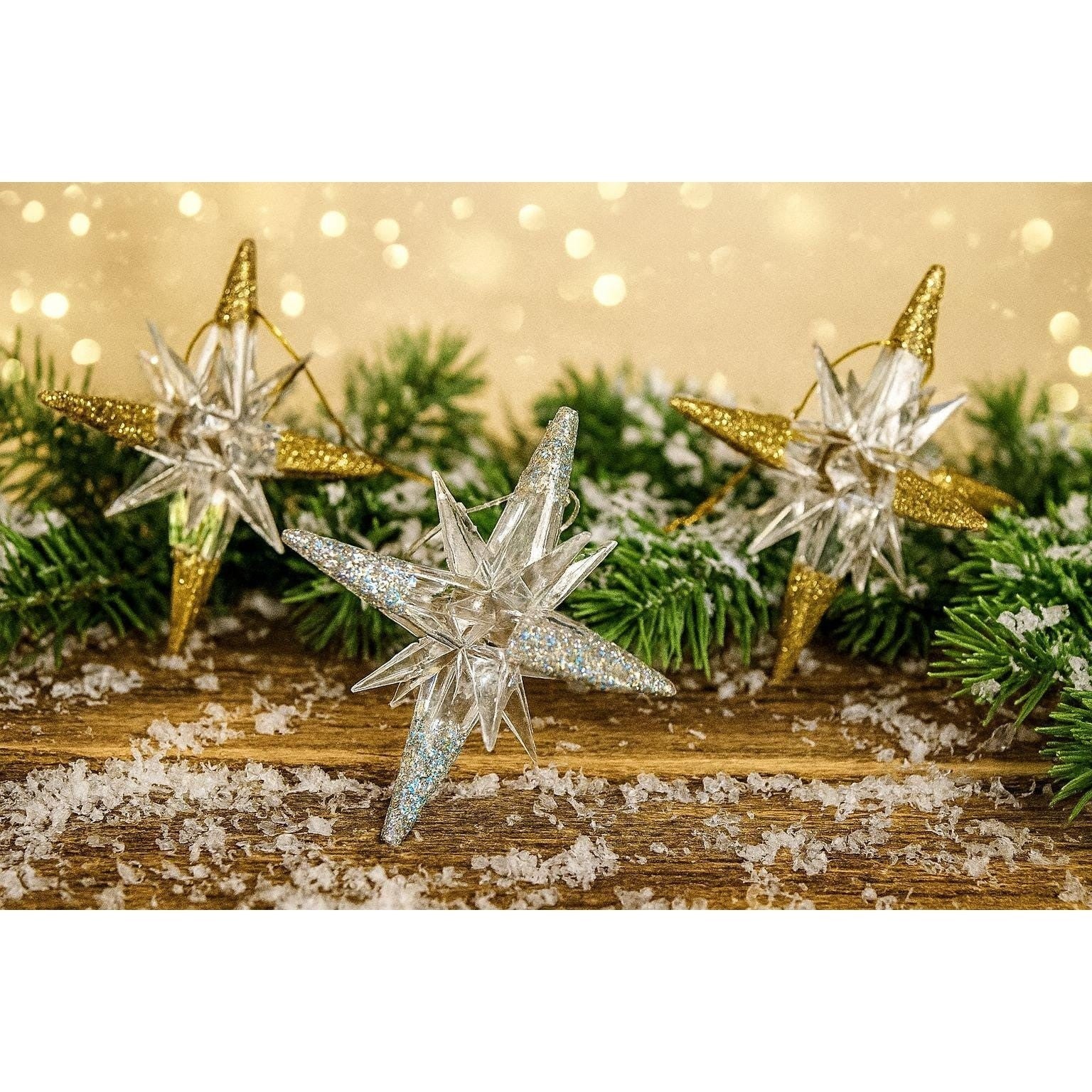 Set of 3 Star Acrylic Ornaments Gold Silver Glitter Holiday Tree Decor