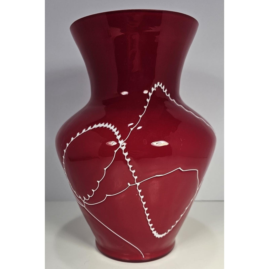Red Glass Vase White Squiggle Lines Decorative Vase