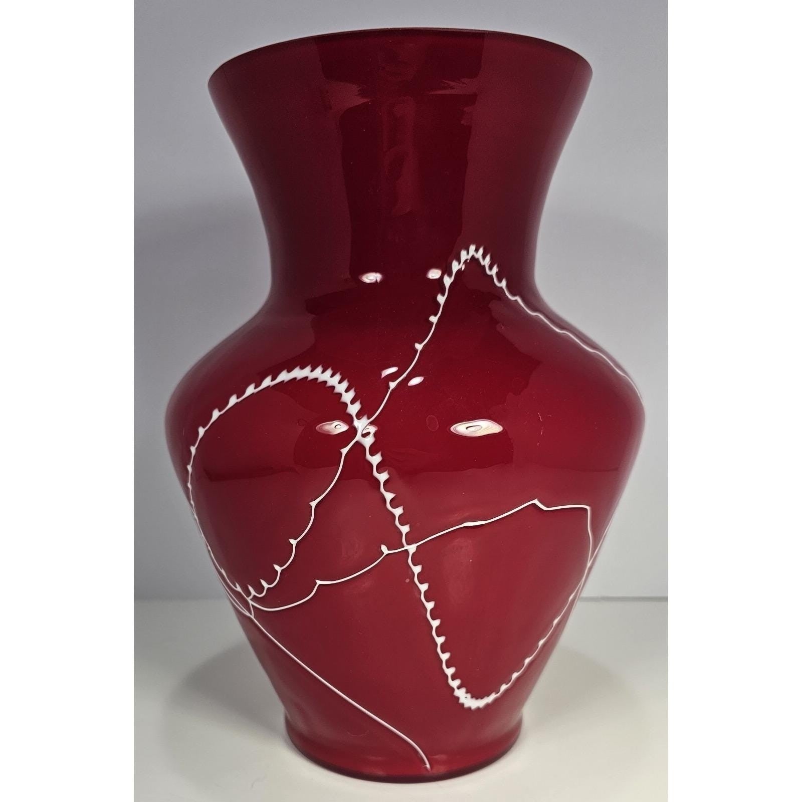 Red Glass Vase White Squiggle Lines Decorative Vase