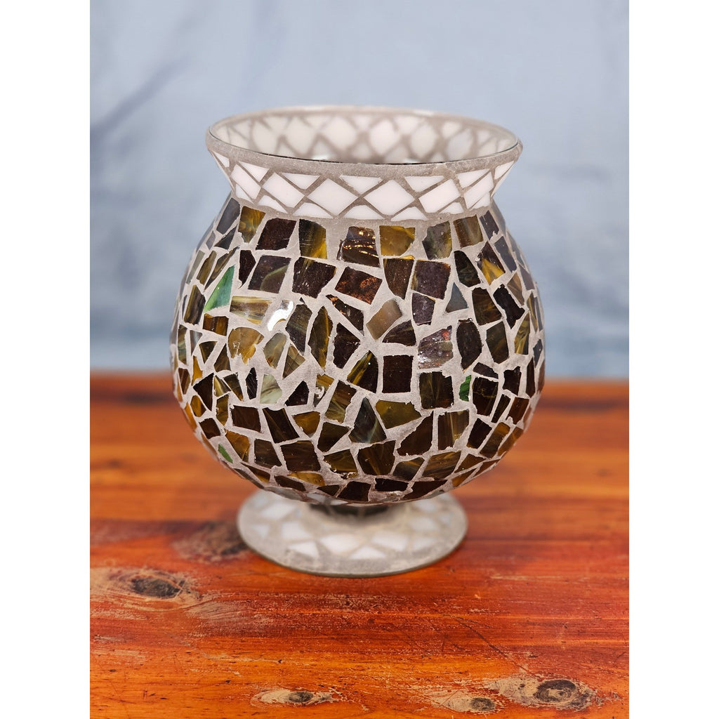 Home Interiors Mosaic Glass Pedestal Vase Amber Green Decorative Footed Vase