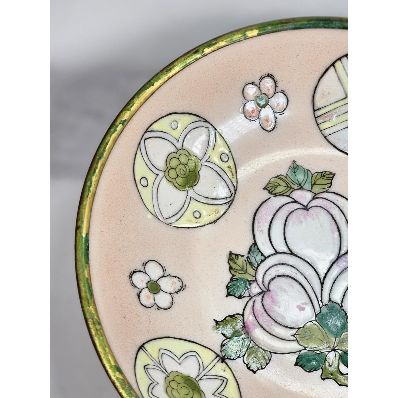 Vintage Hand-Painted Macau Floral Trinket Dish with Gold Rim