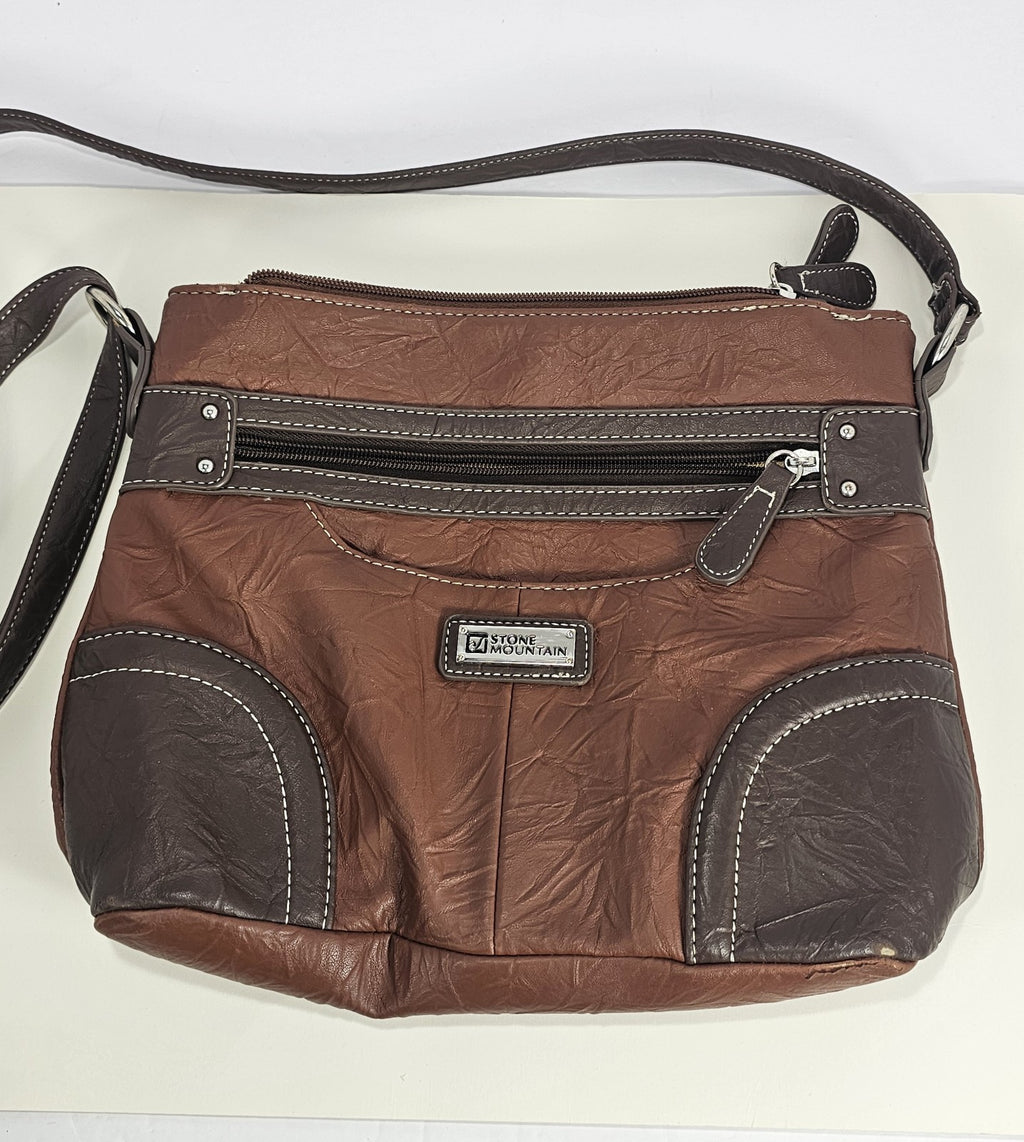 Stone & Co Shoulder Bag Purse Faux Leather Brown Cognac Zip Pockets