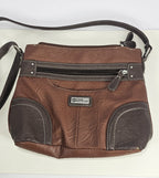 Stone & Co Shoulder Bag Purse Faux Leather Brown Cognac Zip Pockets