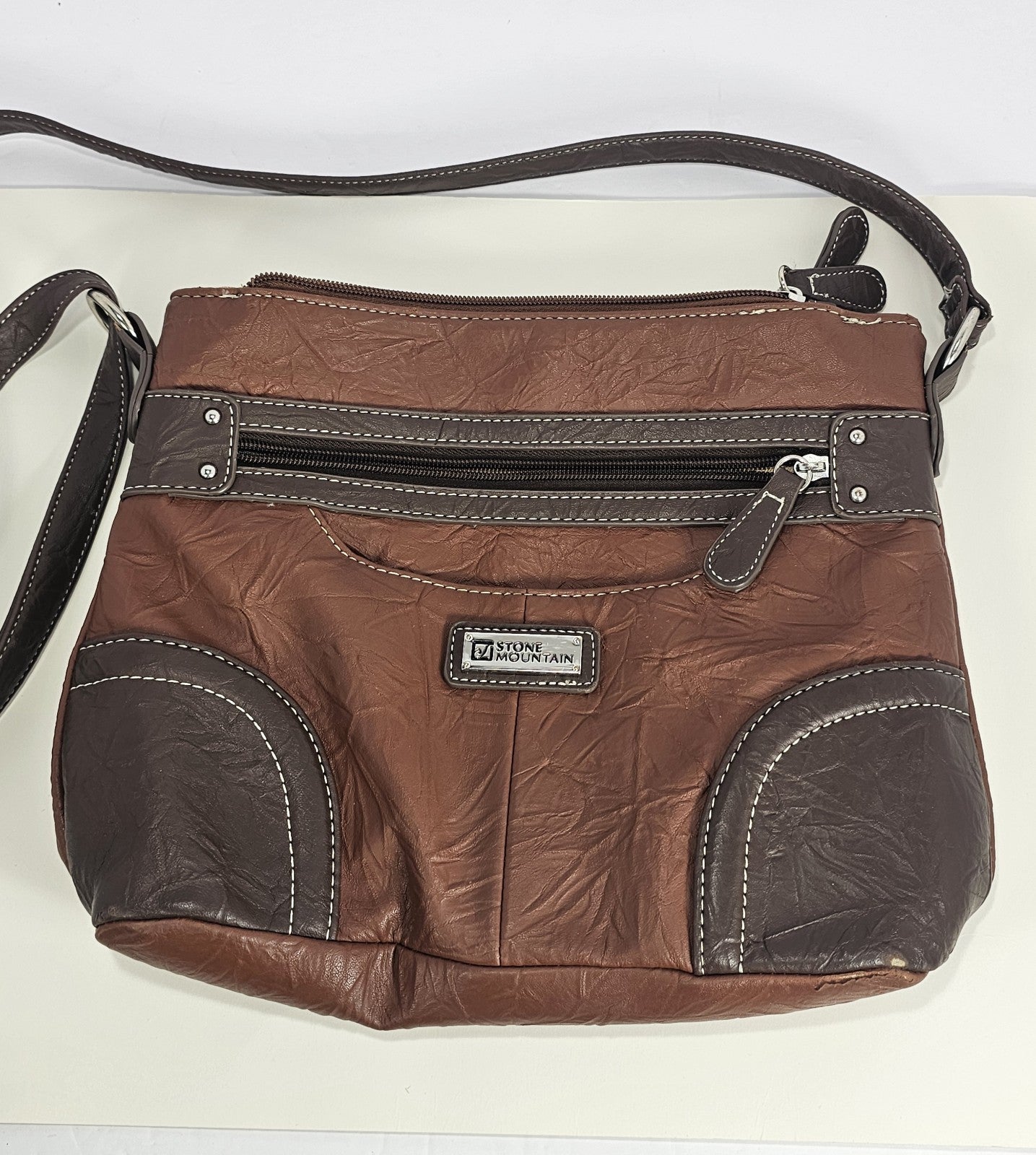 Stone & Co Shoulder Bag Purse Faux Leather Brown Cognac Zip Pockets