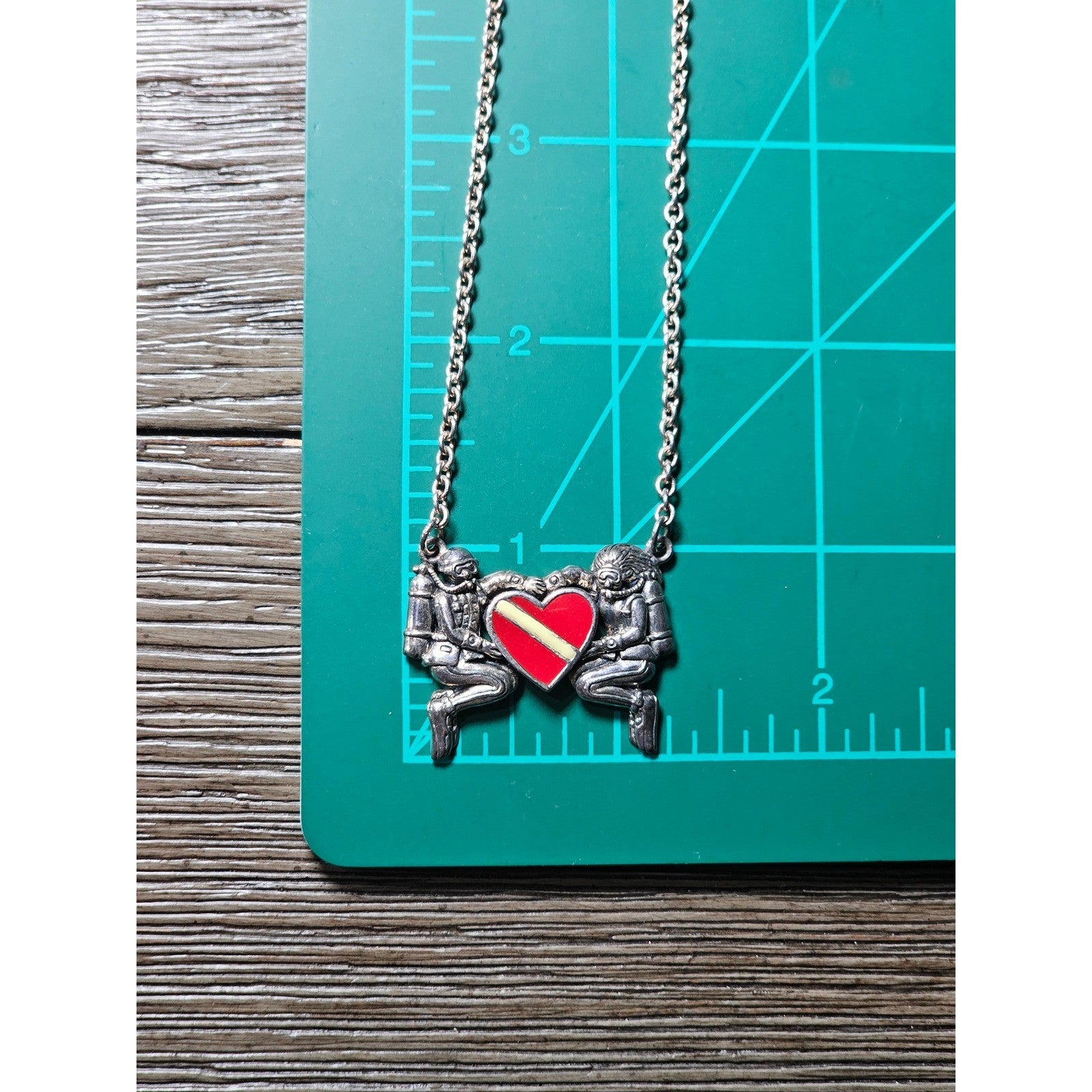 Vintage Sterling Silver Diver Heart Necklace Red Enamel Pendant