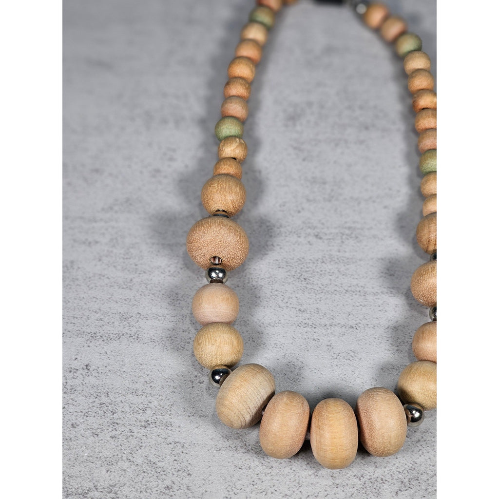 Vintage Wooden Bead Necklace with Silver Tone Accents | Rustic Boho Jewelry