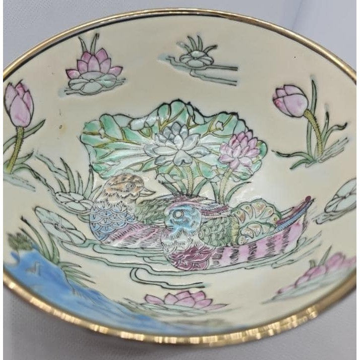 Antique Chinese Famille Rose Bowl Tongzhi Mark Lotus Mandarin Ducks
