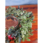 Glass Hurricane Candle Holder with Faux Greenery Ring, 6" Tall Table Decor