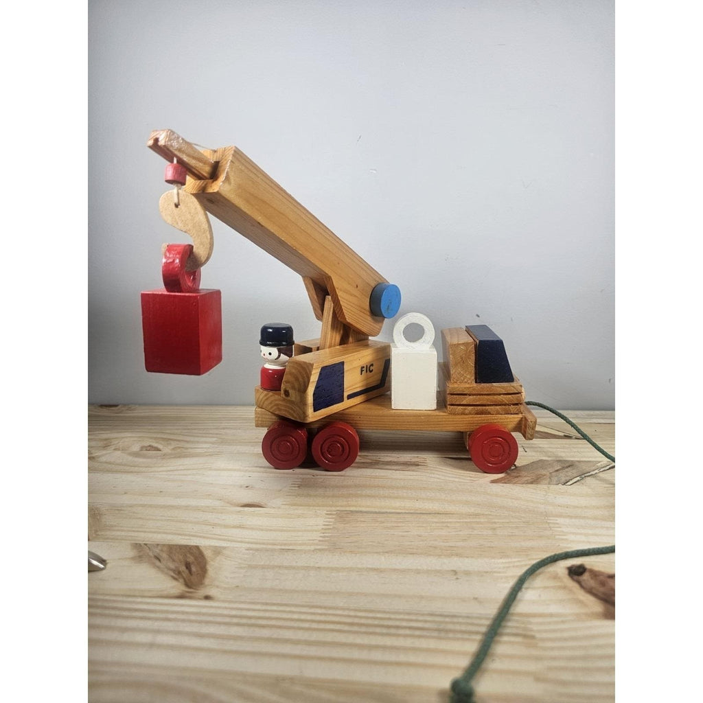 Vintage Wooden Crane Truck Pull Toy Mid Century Construction Toy