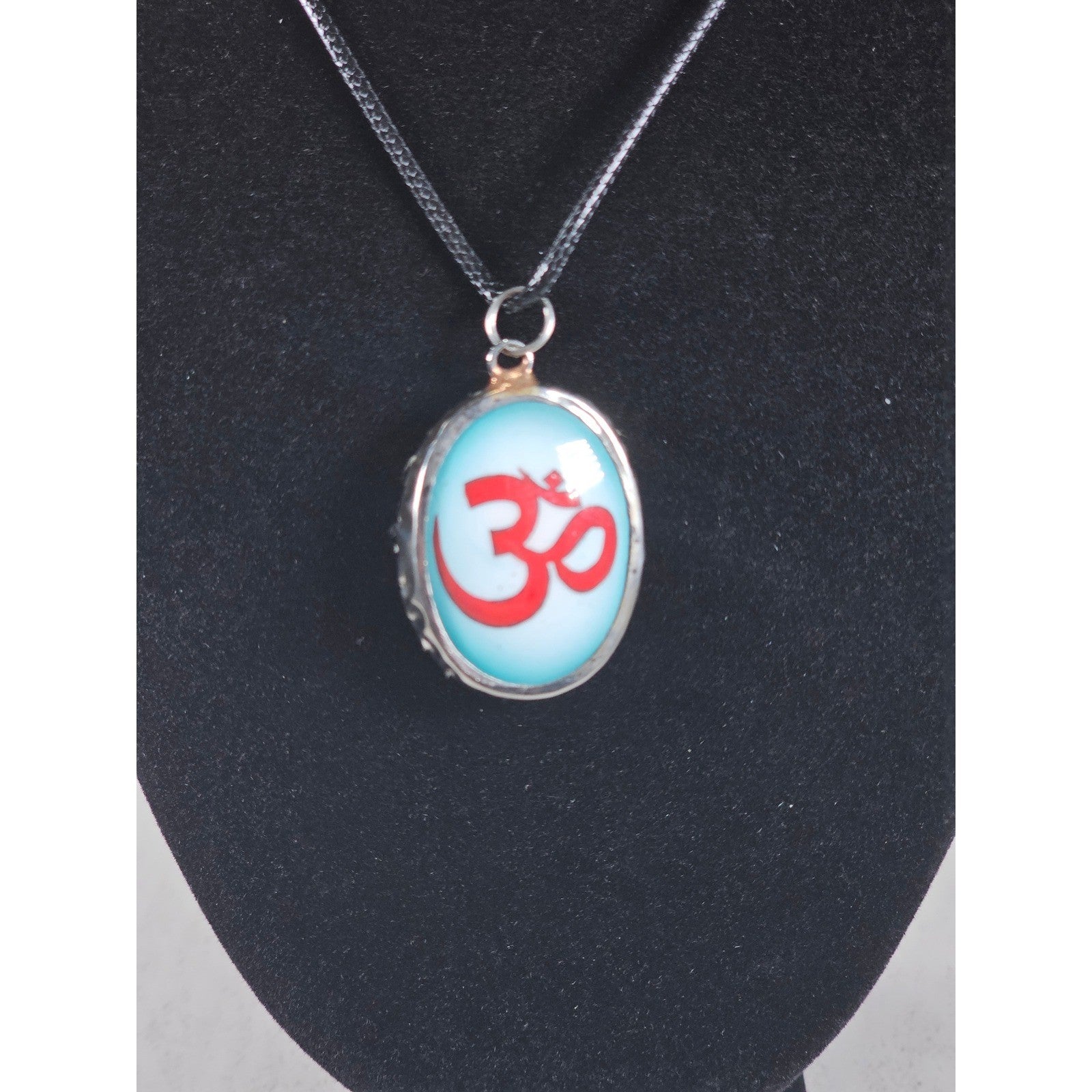 Vintage Om Pendant Necklace Blue Red Symbol Black Cord