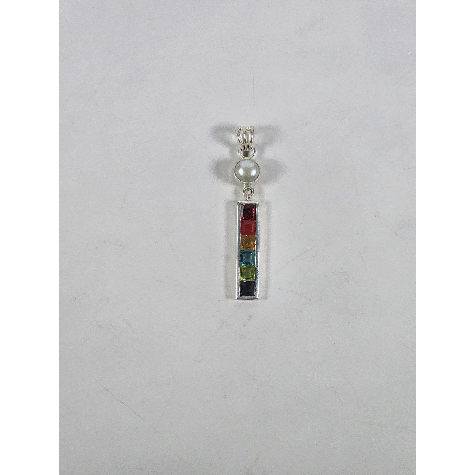 Vintage 925 Sterling Silver Multicolor Bar Pendant with Pearl Accent No Chain