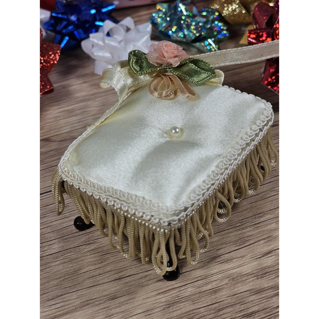 Vintage Miniature Satin Stool Ornament White Pearl Trim Dollhouse