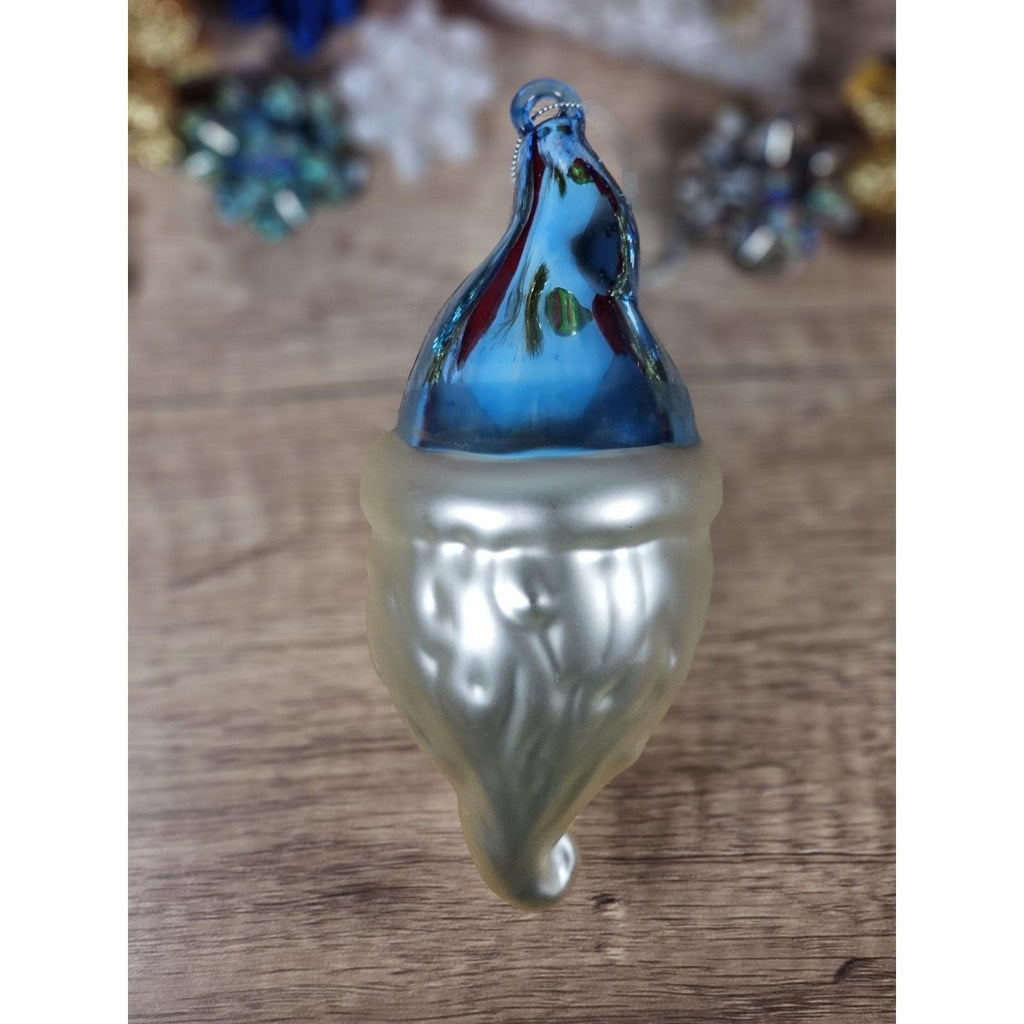 Vintage Glass Santa Ornament Blue Hat 1970s Handblown 7 Inch
