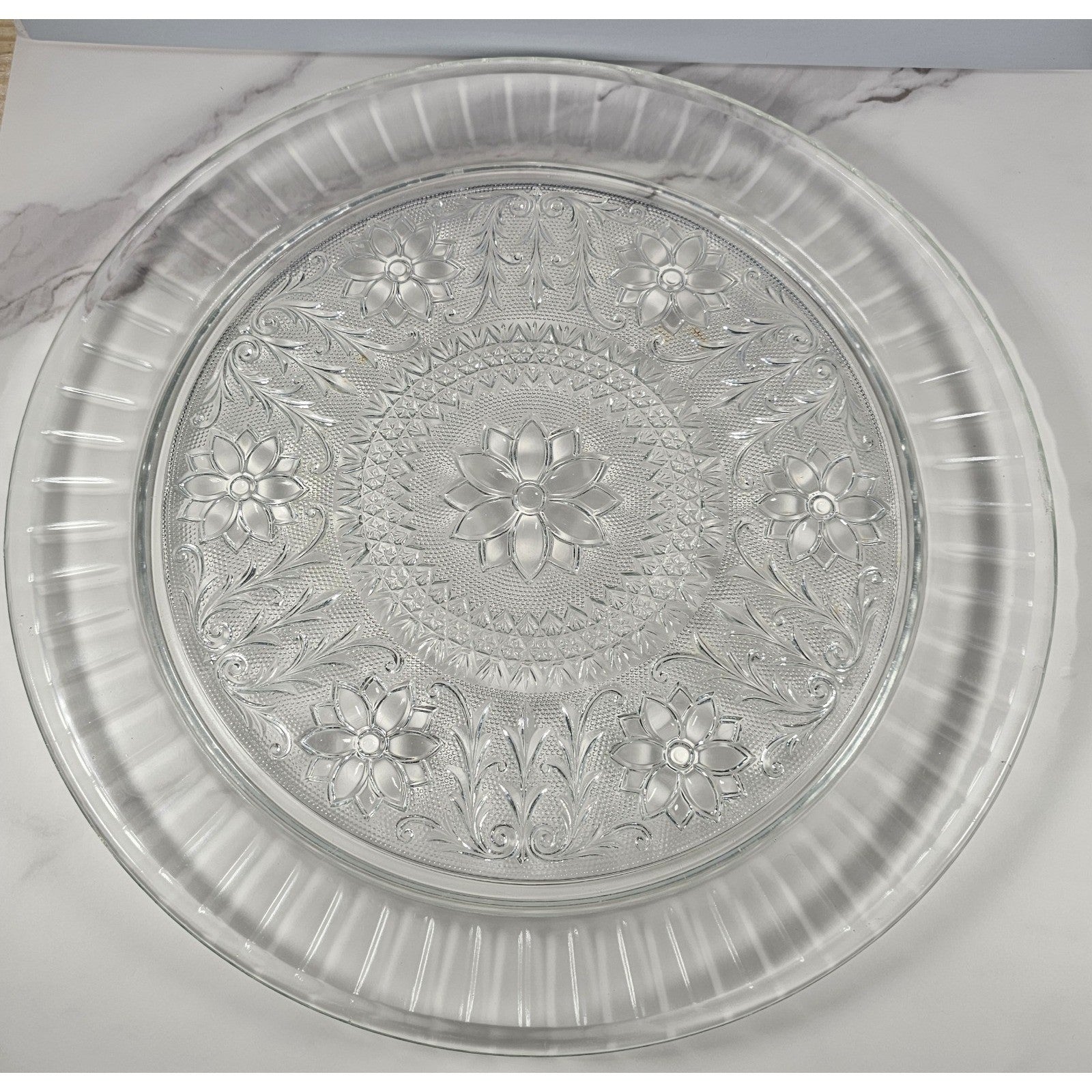 Vintage Pressed Glass Floral Cake Stand Round Serving Tray 13 Inch