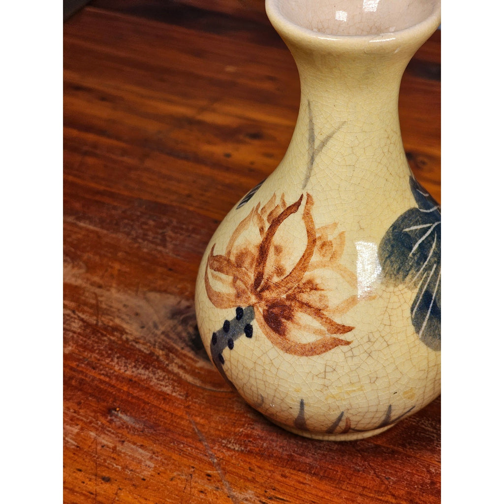 Vintage Pottery 5 Inch Bud Vase Hand Painted Lotus Flower Crackle Glaze
