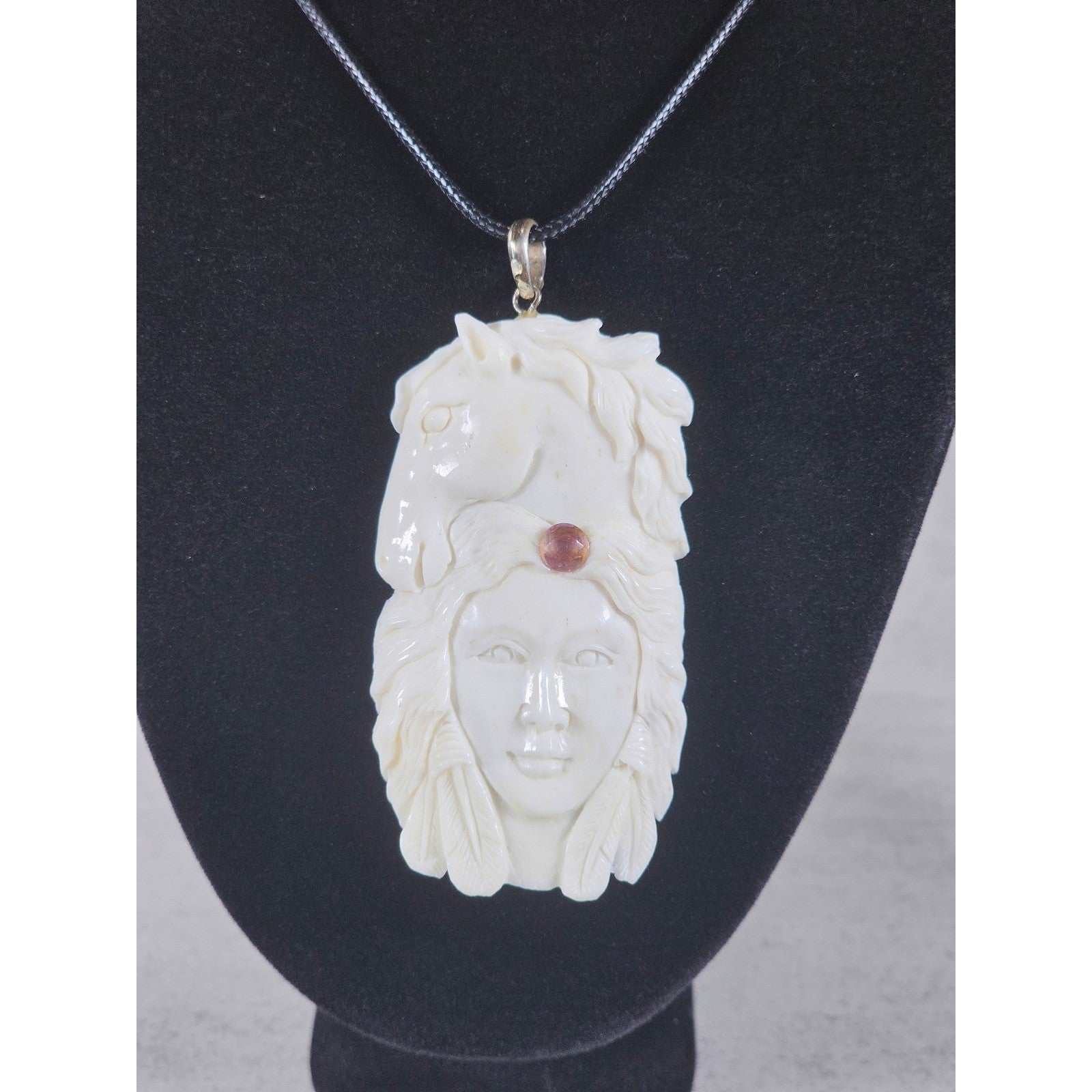 Vintage Hand Carved Natural Material Horse Female Portrait Pendant