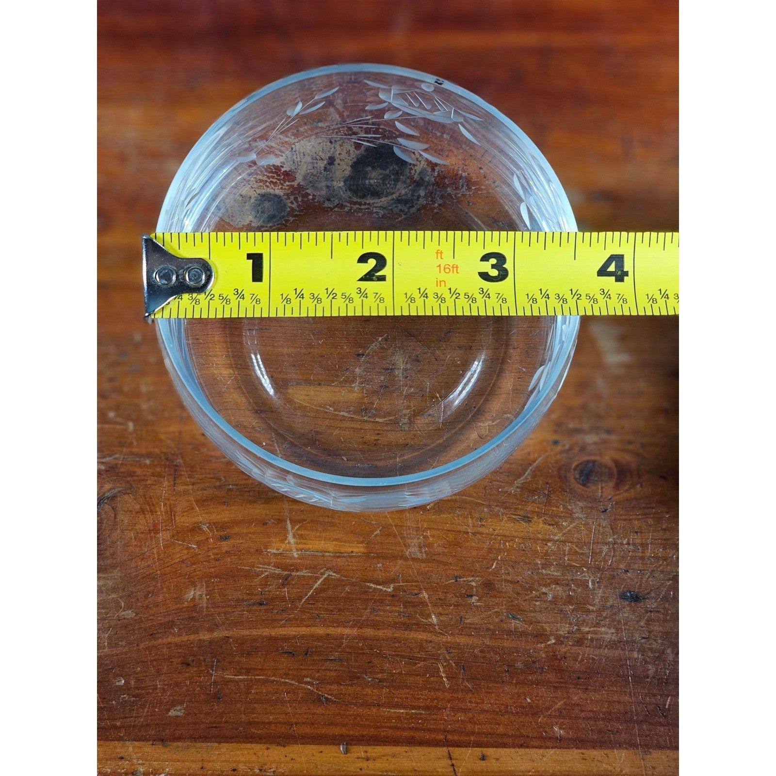 Vintage Etched Glass Bowl Floral Vine Design 3.5" Clear Decorative Dish